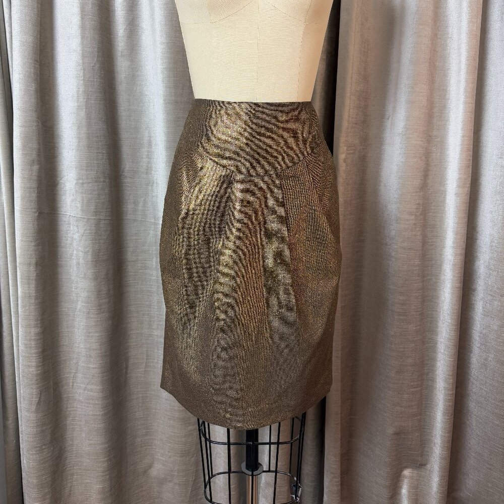 Gold Lame Pleated Skirt with a Yoke and Pockets
